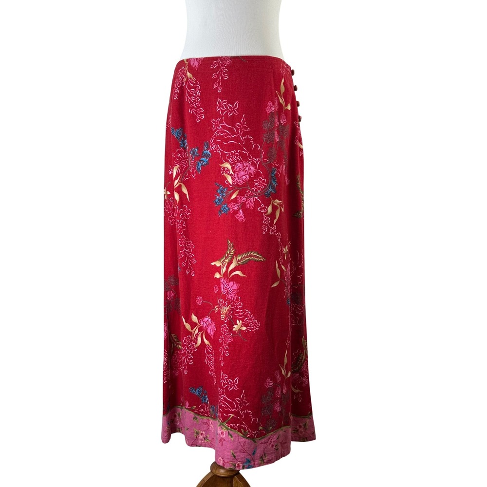Ivy Red Floral Linen Blend Maxi Skirt Pink Border Side Button Made USA Womens 14